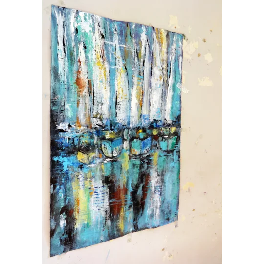 Original Hand-Painted Reflections of the Harbor With Sailboats Abstract Acrylic Painting | 12"x 19.5