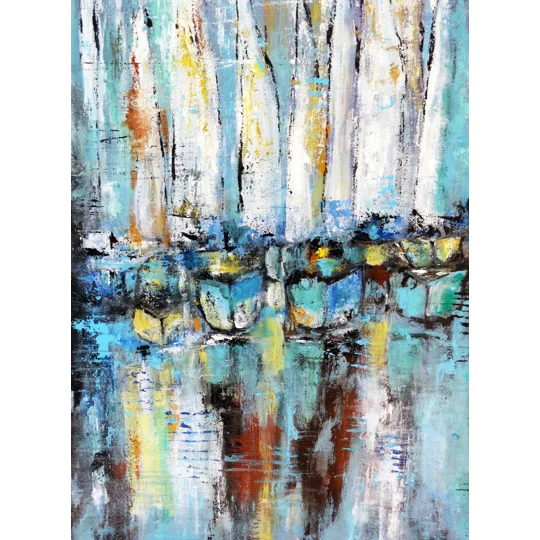 Original Hand-Painted Reflections of the Harbor With Sailboats Abstract Acrylic Painting | 12"x 19.5