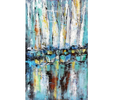 Original Hand-Painted Reflections of the Harbor With Sailboats Abstract Acrylic Painting | 12"x 19.5