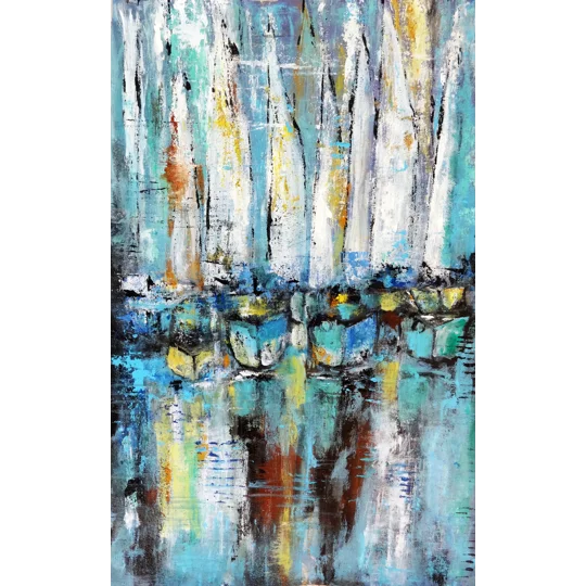 Original acrylic painting of abstract sailboats by contemporary artist Indrani Ghosh