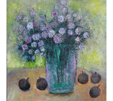 Original Hand-Painted Bloom and Sapodilla Still Life Oil Painting | 12"X12"