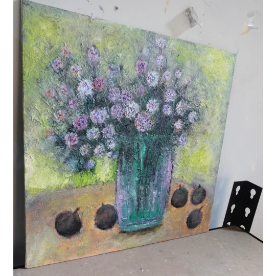 Original Hand-Painted Bloom and Sapodilla Still Life Oil Painting | 12"X12"
