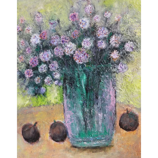 Original Hand-Painted Bloom and Sapodilla Still Life Oil Painting | 12"X12"