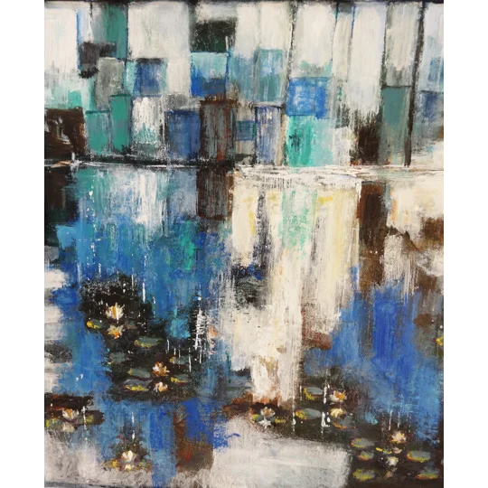 Original Hand-Painted Abstract Cityscape with Water Lilies Framed Acrylic Painting