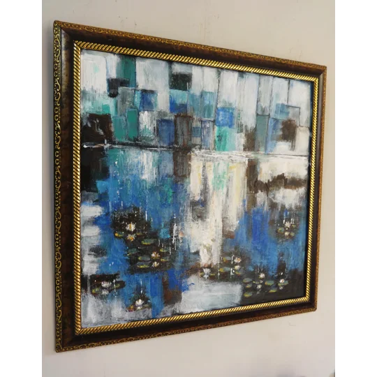 Original Hand-Painted Abstract Cityscape with Water Lilies Framed Acrylic Painting
