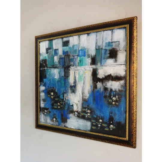 Original Hand-Painted Abstract Cityscape with Water Lilies Framed Acrylic Painting