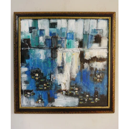 Original Hand-Painted Abstract Cityscape with Water Lilies Framed Acrylic Painting