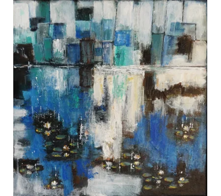 Original Hand-Painted Abstract Cityscape with Water Lilies Framed Acrylic Painting