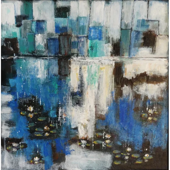 Original acrylic painting of abstract cityscape with water lilies by contemporary artist Indrani Ghosh
