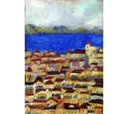 Original Hand-Painted Sunwashed Silence — Corfu in Blue Semi Abstract Acrylic Painting