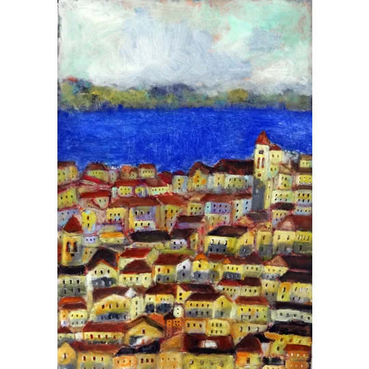 Original acrylic painting of corfu cityscape semi abstract by contemporary artist Indrani Ghosh