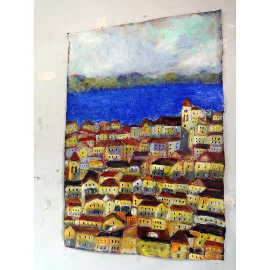 Original Hand-Painted Sunwashed Silence — Corfu in Blue Semi Abstract Acrylic Painting