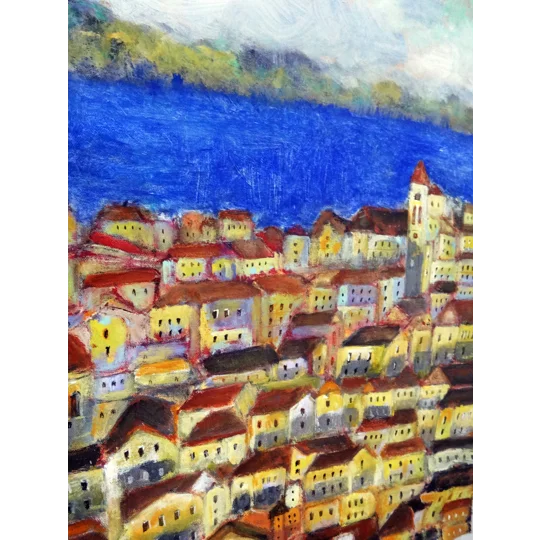 Original Hand-Painted Sunwashed Silence — Corfu in Blue Semi Abstract Acrylic Painting