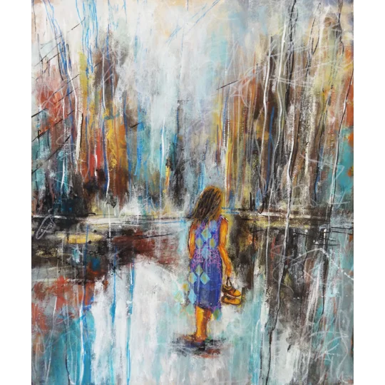 Original acrylic painting of landscape with a woman semi abstract by contemporary artist Indrani Ghosh