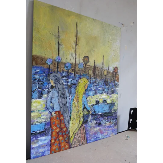 Coastal Region with Fisherwomen Acrylic Painting