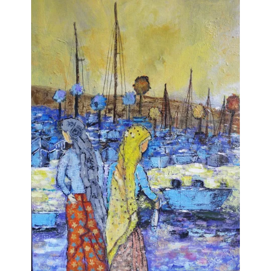 Coastal Region with Fisherwomen Acrylic Painting