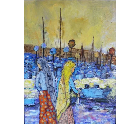 Coastal Region with Fisherwomen Acrylic Painting
