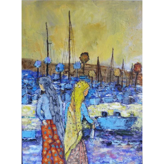 Original oil painting of coastal region with fisherwomen by contemporary artist Indrani Ghosh