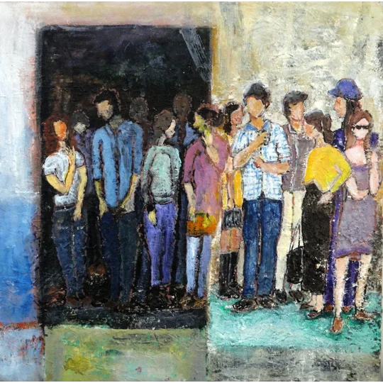 Original acrylic painting of people meeting by contemporary artist Indrani Ghosh