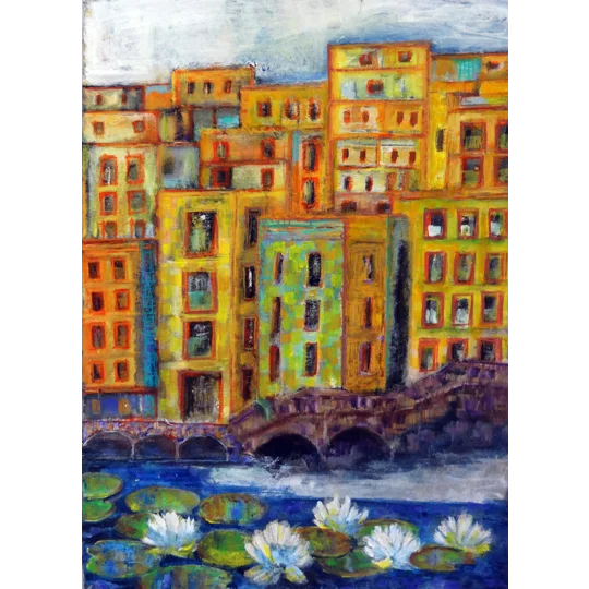 Original acrylic mixed media painting of cityscape water lily] by contemporary artist Indrani Ghosh