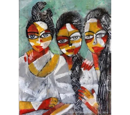 Original Hand-Painted Three Women — Acrylic Mixed Media Painting