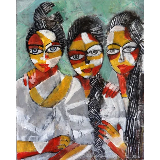 Original mixed media painting of three women by contemporary artist Indrani Ghosh