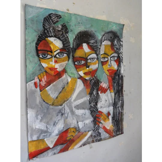 Original Hand-Painted Three Women — Acrylic Mixed Media Painting
