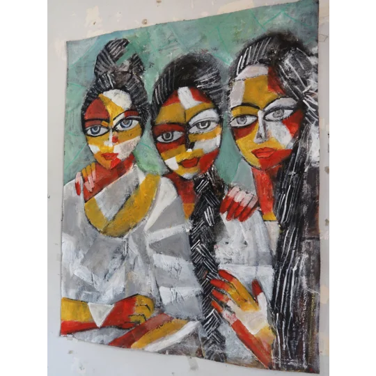 Original Hand-Painted Three Women — Acrylic Mixed Media Painting