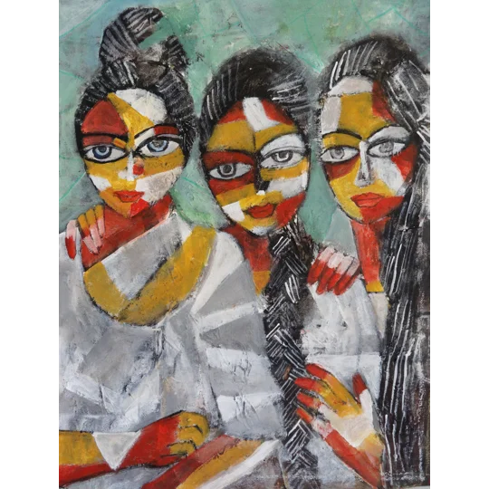 Original Hand-Painted Three Women — Acrylic Mixed Media Painting