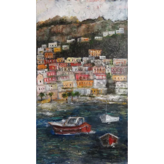 Original oil painting of coastal landscape of positano by contemporary artist Indrani Ghosh