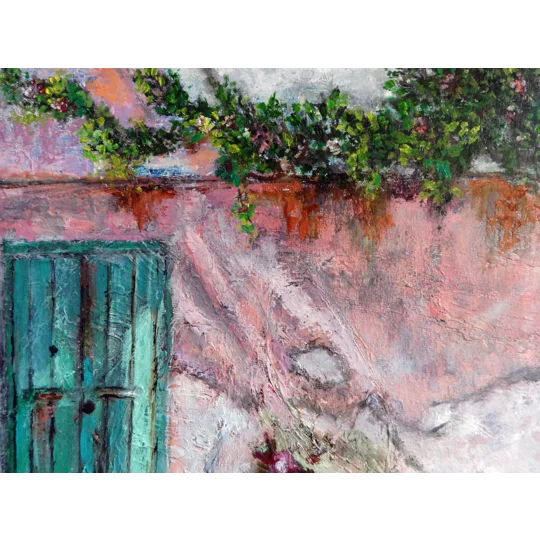 Original Hand-Painted A Green Door with Bougainvillea, a Vespa and a Cat Oil Painting