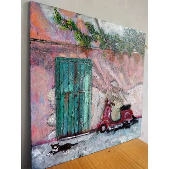 Original Hand-Painted A Green Door with Bougainvillea, a Vespa and a Cat Oil Painting