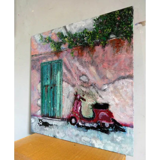 Original Hand-Painted A Green Door with Bougainvillea, a Vespa and a Cat Oil Painting