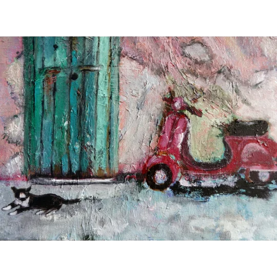 Original Hand-Painted A Green Door with Bougainvillea, a Vespa and a Cat Oil Painting