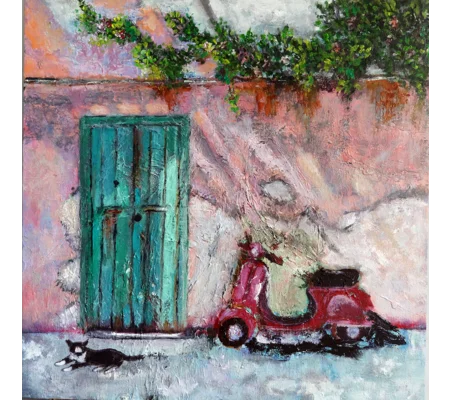 Original Hand-Painted A Green Door with Bougainvillea, a Vespa and a Cat Oil Painting