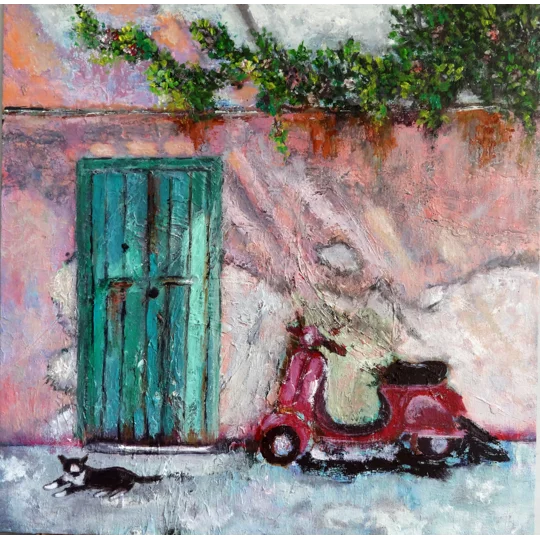 Original Hand-Painted A Green Door with Bougainvillea, a Vespa and a Cat Oil Painting