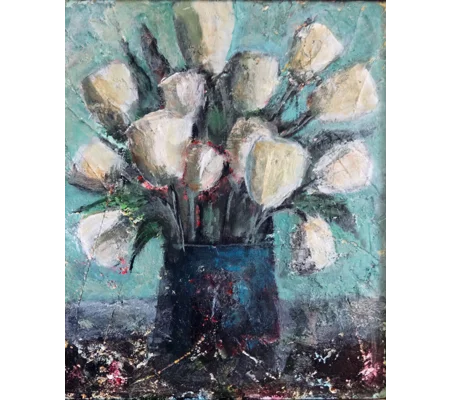 Original Hand-Painted White Flowers Bouquet in a Vase Mixed Media Abstract Textured Framed Painting