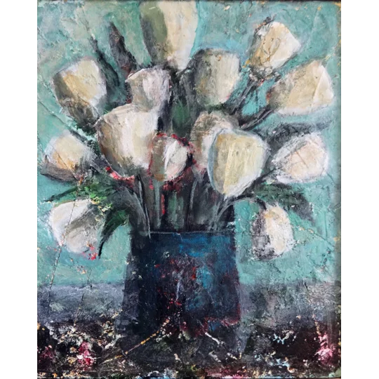 Original Hand-Painted White Flowers Bouquet in a Vase Mixed Media Abstract Textured Framed Painting
