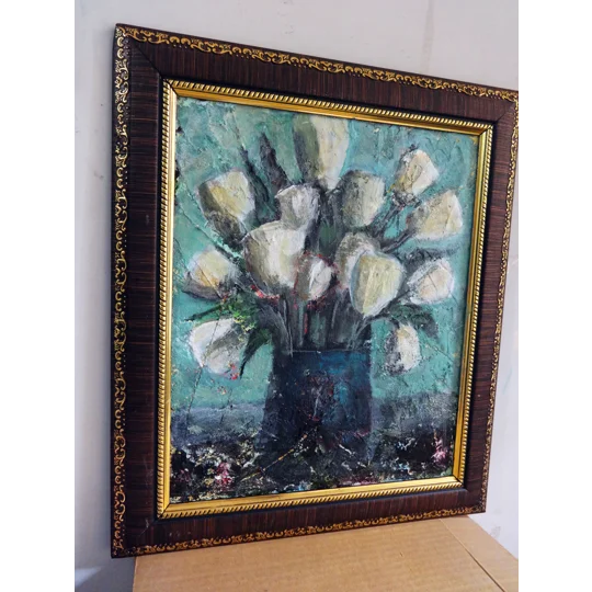 Original Hand-Painted White Flowers Bouquet in a Vase Mixed Media Abstract Textured Framed Painting
