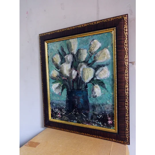 Original Hand-Painted White Flowers Bouquet in a Vase Mixed Media Abstract Textured Framed Painting