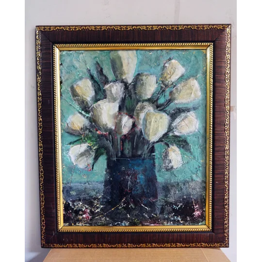 Original Hand-Painted White Flowers Bouquet in a Vase Mixed Media Abstract Textured Framed Painting