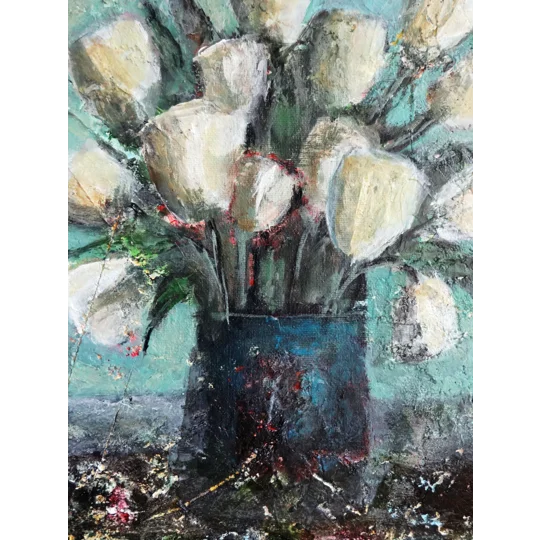 Original Hand-Painted White Flowers Bouquet in a Vase Mixed Media Abstract Textured Framed Painting