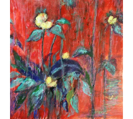 Original Hand-Painted Golden Blooms in Crimson Garden Acrylic Painting on paper