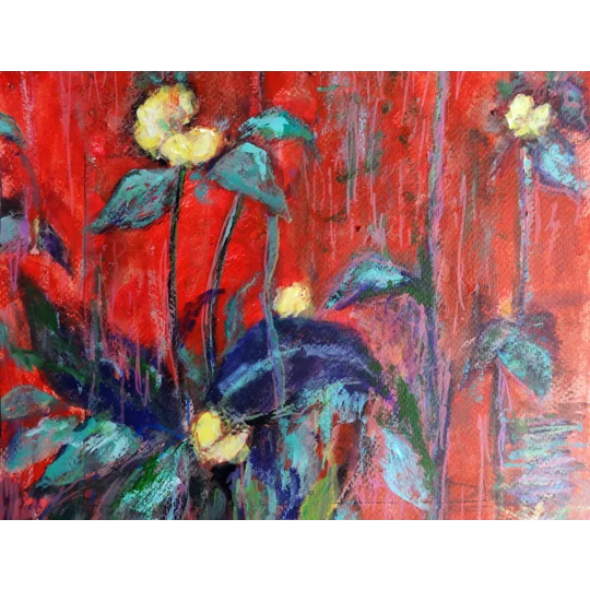 Original Hand-Painted Golden Blooms in Crimson Garden Acrylic Painting on paper