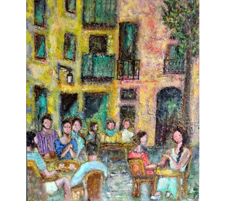 Café Conversations Original Hand-Painted Oil Painting | 14"x11"