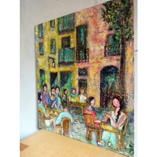 Café Conversations Original Hand-Painted Oil Painting | 14"x11"