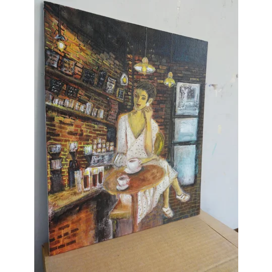 Woman at a Cafe Original Hand-Painted Mixed Media Painting