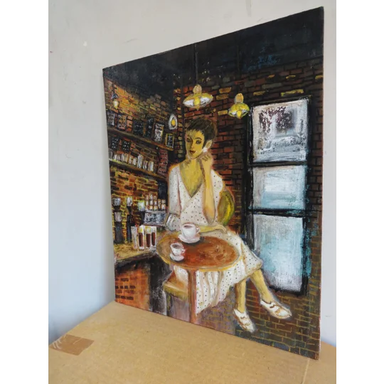 Woman at a Cafe Original Hand-Painted Mixed Media Painting