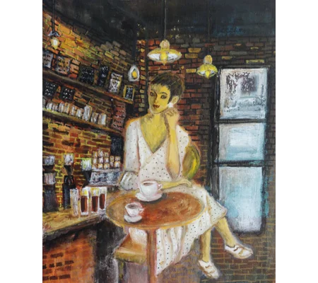 Woman at a Cafe Original Hand-Painted Mixed Media Painting