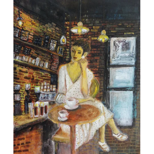 Original mixed media painting of woman at a cafe by contemporary artist Indrani Ghosh